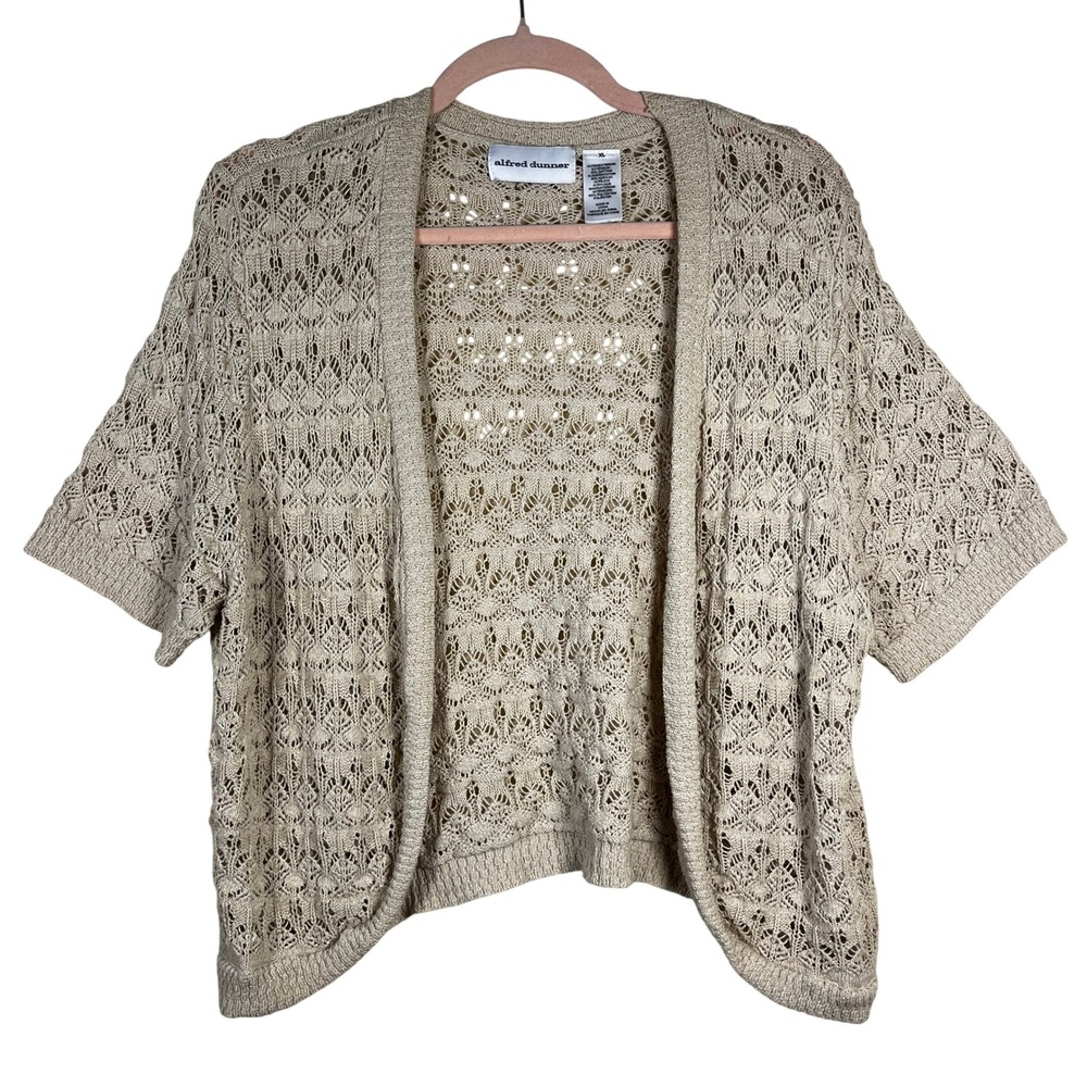 Alfred Dunner Pointelle Crochet Open Front Cardigan XL Granola Grannycore‎